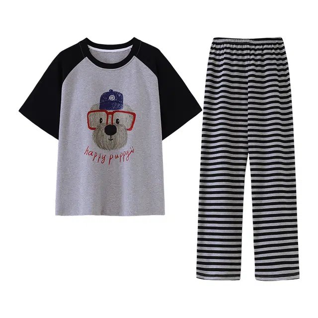 欧诗帛 韩版带胸垫可外穿甜美卡通短袖长裤睡衣套装 女款 图片色