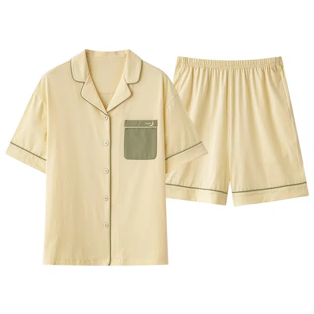 夏芬妍 简约柔软舒适纯色贴袋纯棉翻领家居服透气亲肤宽松短袖短裤可外穿睡衣套装 男女同款