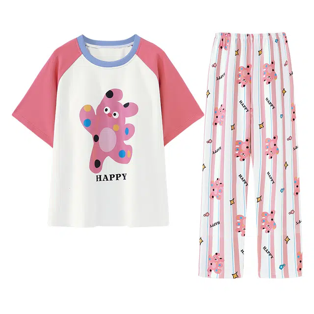 欧诗帛 韩版短袖带胸垫可外穿甜美卡通睡衣套装 女款 图片色