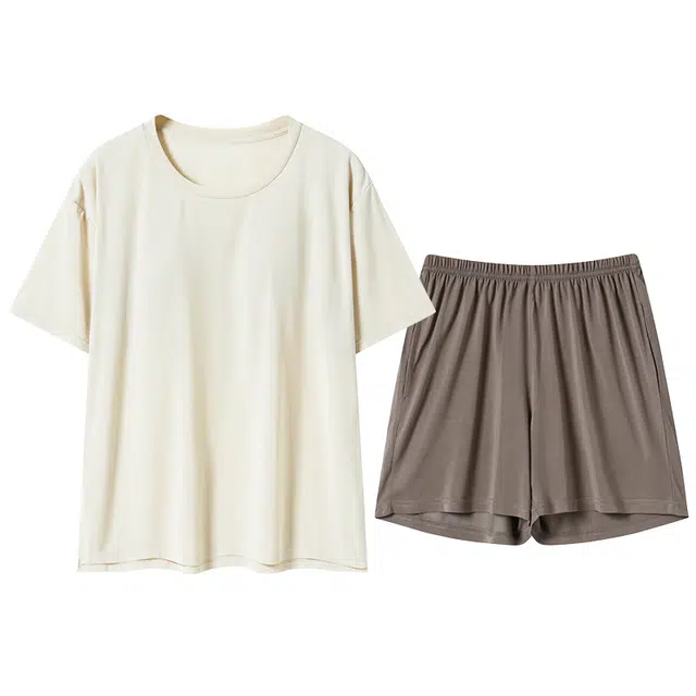 莫代尔 舒适高级感清新休闲带杯垫防凸点简约柔软透气家居服睡衣套装 女款 杏色