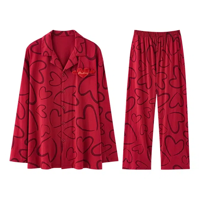 兰缪 喜庆翻领亲肤舒适长袖长裤家居服睡衣套装 男款 图片色