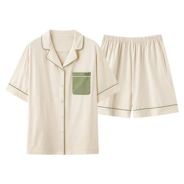夏芬妍 简约舒适柔软纯色贴袋纯棉翻领家居服透气亲肤宽松短袖短裤可外穿睡衣套装 男女同款