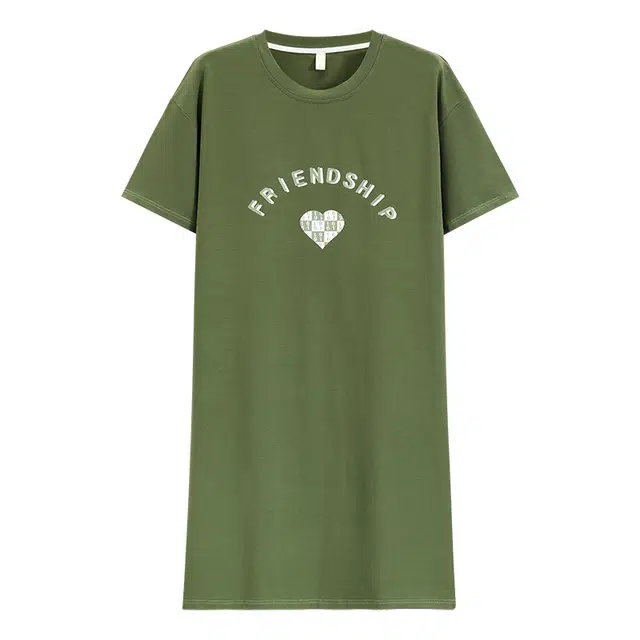 乐姿韵 简约格子爱心字母卡通圆领柔软亲肤可宽松舒适短袖可外穿家居服睡裙 女款 绿色