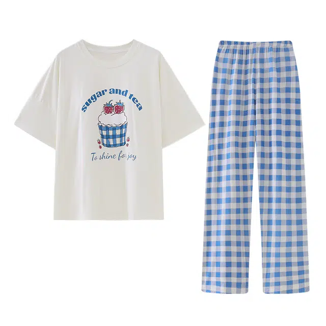 欧诗帛 带胸垫甜美短袖上衣可外穿家居服长裤睡衣套装 女款 图片色