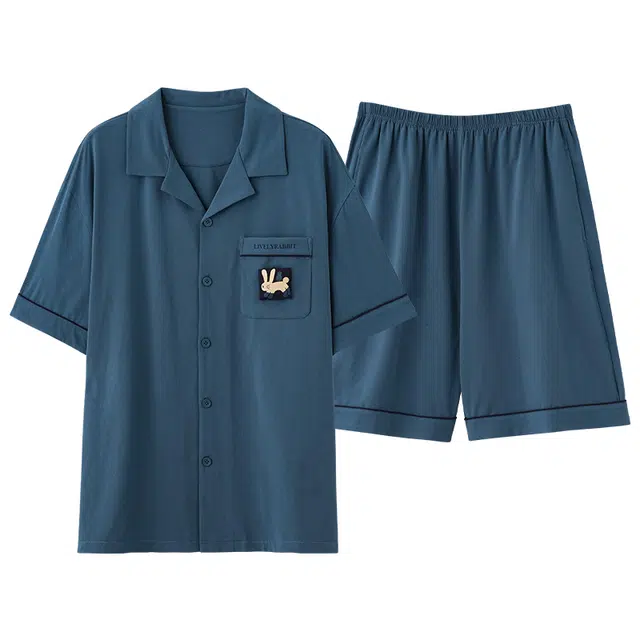 俏薇妮 简约柔软纯棉纯色翻领短袖高级感家居服休闲宽松舒适凉爽透气可外穿睡衣套装 男款 蓝色
