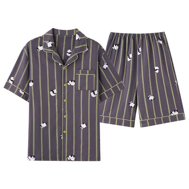 俏薇妮 柔软纯棉简约时尚大气翻领短袖高级感家居服休闲宽松舒适凉爽透气可外穿睡衣套装 男款 深灰色
