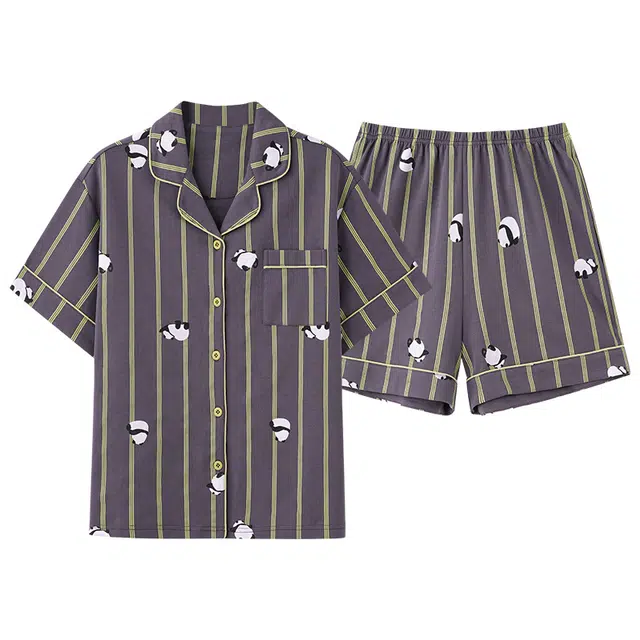 俏薇妮 柔软纯棉简约时尚大气翻领短袖高级感家居服休闲宽松舒适凉爽透气可外穿睡衣套装 女款 深灰色