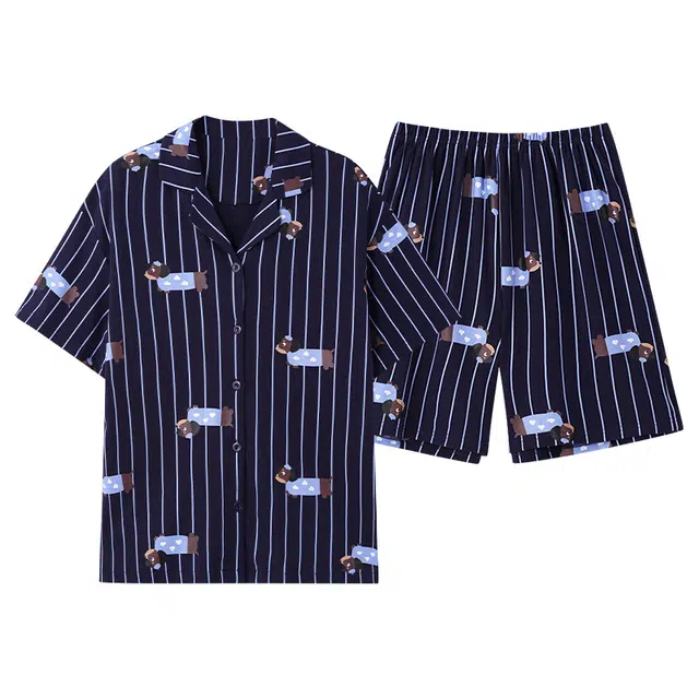 俏薇妮 柔软纯棉简约时尚条纹翻领短袖高级感家居服休闲宽松舒适凉爽透气可外穿睡衣套装 女款 蓝色