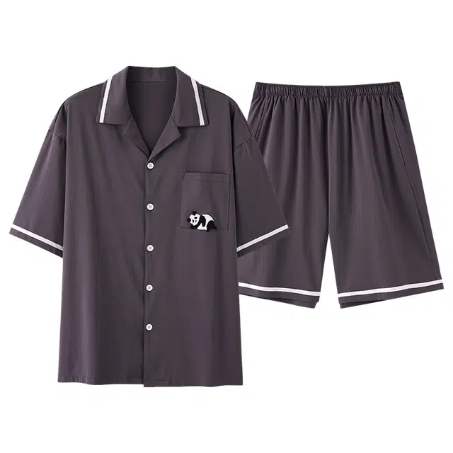 俏薇妮 柔软纯棉简约纯色翻领短袖高级感家居服休闲宽松舒适凉爽透气可外穿睡衣套装 男款 灰色