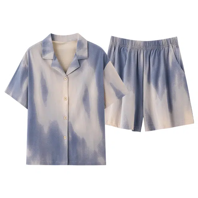 俏薇妮 简约柔软纯棉优雅温馨翻领短袖高级感家居服休闲宽松舒适凉爽透气可外穿睡衣套装 女款 浅蓝色