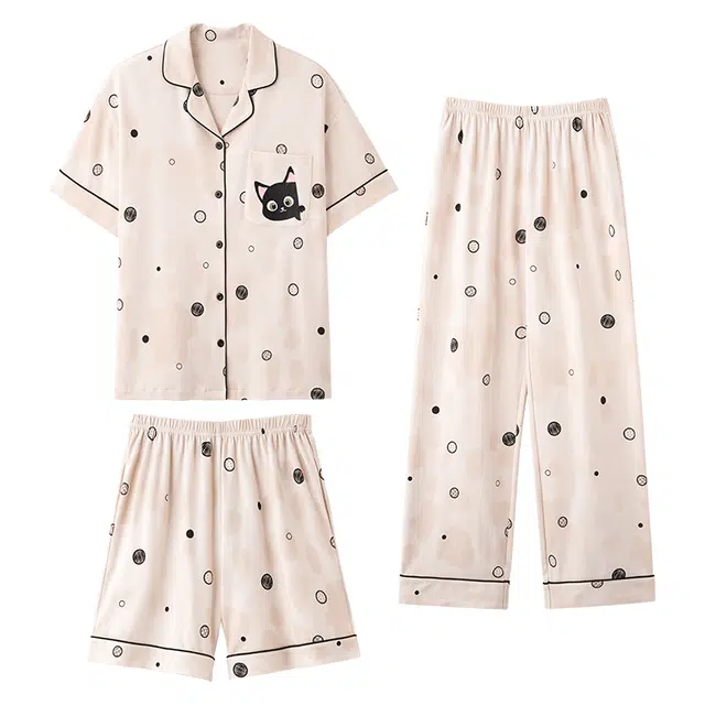 俏薇妮 柔软纯棉可爱舒适时尚翻领短袖家居服休闲宽松实用可外穿睡衣套装 女款 杏色