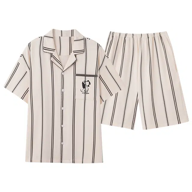 俏薇妮 柔软纯棉简约时尚温馨翻领短袖高级感家居服休闲宽松舒适凉爽透气可外穿睡衣套装 男款 米白色