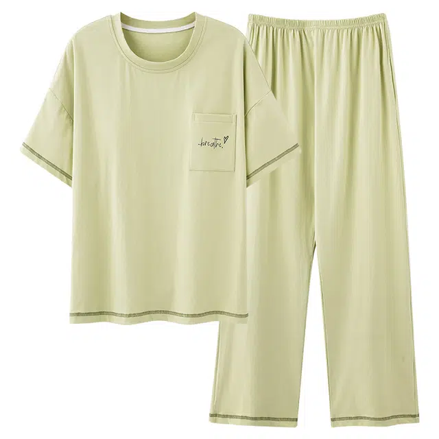 莫代尔 舒适简约时尚气质圆领套头个性百搭柔软亲肤不易起球短袖长裤可外穿夏季睡衣套装 女款 浅绿色