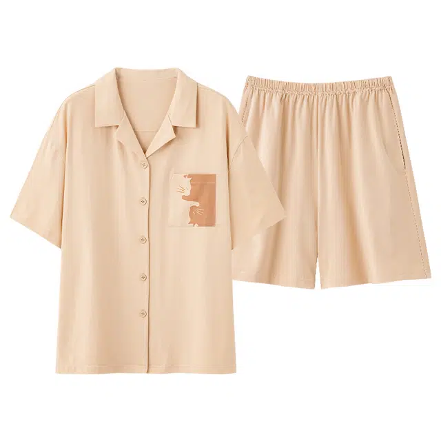 俏薇妮 简约柔软纯棉时尚温馨翻领短袖高级感家居服休闲宽松舒适凉爽透气可外穿睡衣套装 女款 杏色