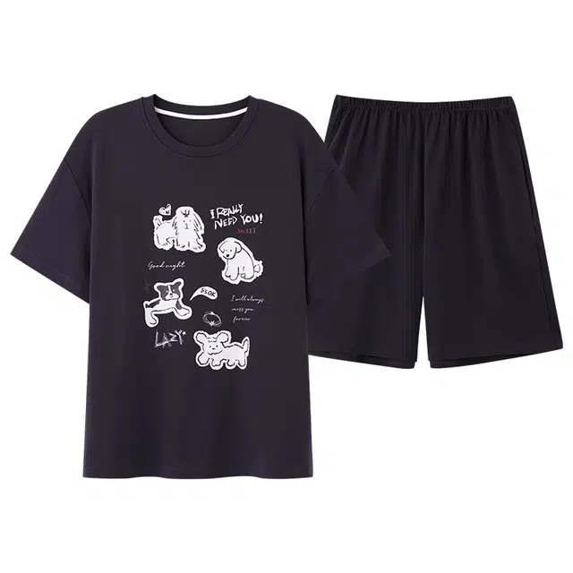 俏薇妮 柔软简约纯棉浪漫温馨短袖高级感家居服休闲宽松舒适凉爽透气可外穿睡衣套装 男款 黑色