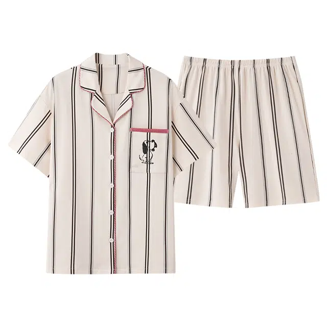 俏薇妮 柔软纯棉简约时尚温馨翻领短袖高级感家居服休闲宽松舒适凉爽透气可外穿睡衣套装 女款 米白色