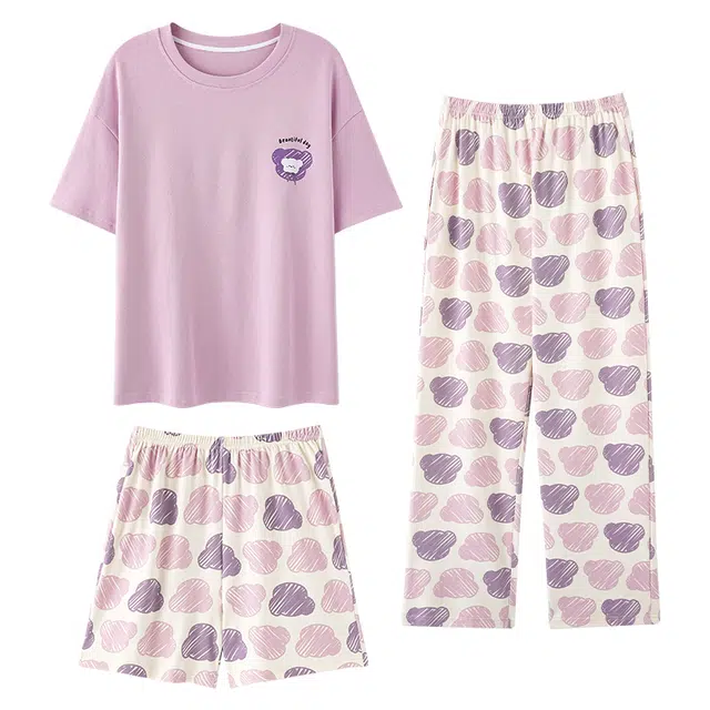 俏薇妮 柔软纯棉简约时尚优雅短袖家居服休闲宽松实用可外穿睡衣套装 女款 粉红色