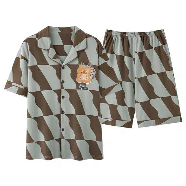俏薇妮 柔软纯棉翻领短袖高级感家居服休闲宽松舒适凉爽透气可外穿睡衣套装 男款 浅绿色