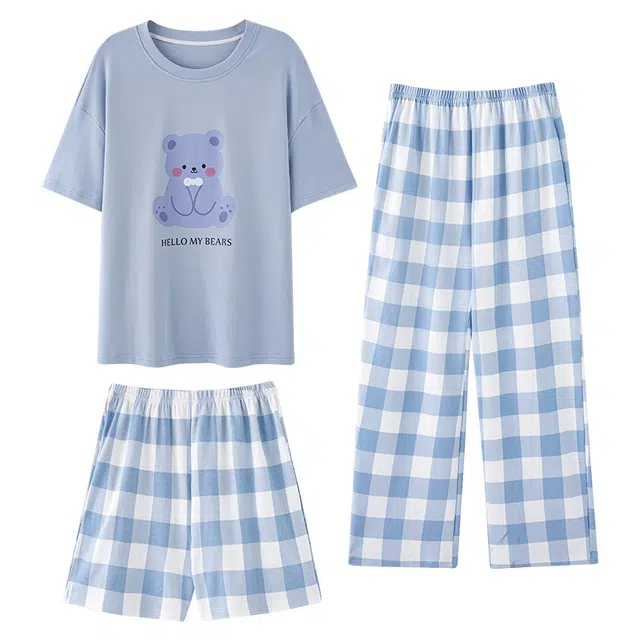俏薇妮 柔软纯棉简约时尚优雅格子短袖家居服休闲宽松实用可外穿睡衣套装 女款 浅蓝色
