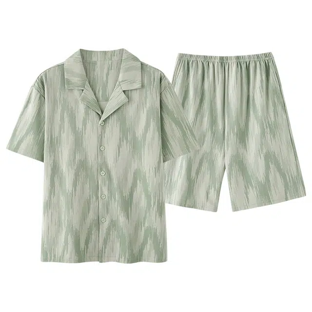 俏薇妮 柔软纯棉简约翻领短袖高级感家居服休闲宽松舒适凉爽透气可外穿睡衣套装 男款 浅绿色