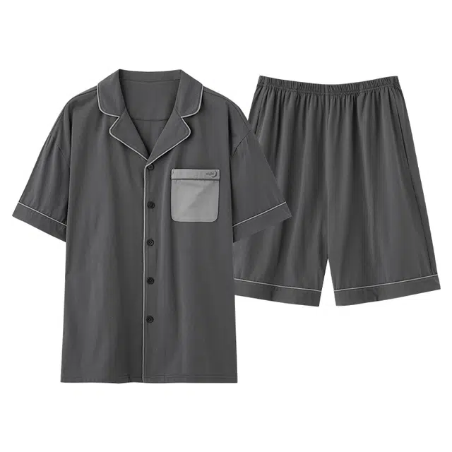 俏薇妮 简约柔软纯棉纯色翻领短袖高级感家居服休闲宽松舒适凉爽透气可外穿睡衣套装 男款 灰色