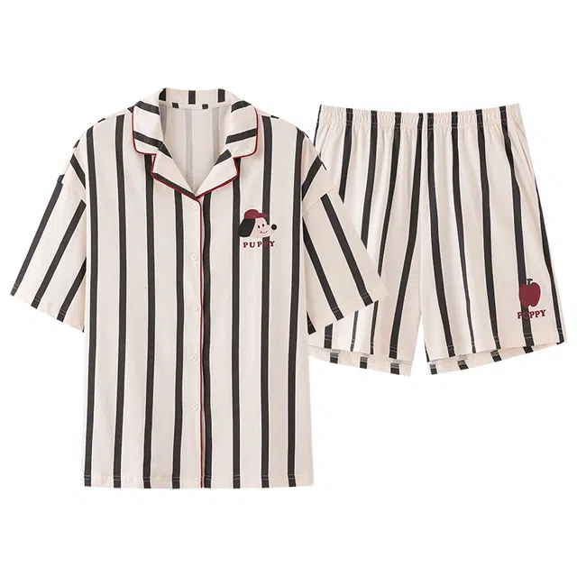 俏薇妮 柔软纯棉简约条纹翻领短袖高级感家居服休闲宽松舒适凉爽透气可外穿睡衣套装 女款 米白色