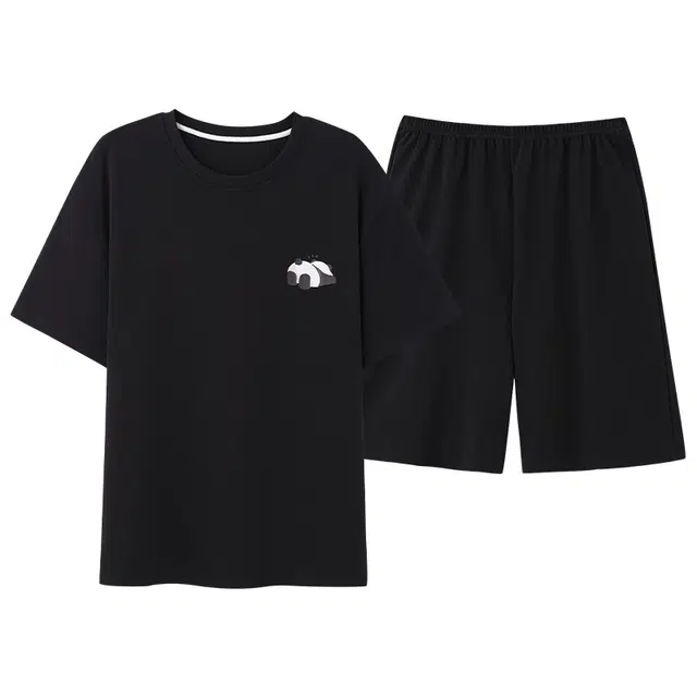 俏薇妮 柔软简约纯棉纯色短袖高级感家居服休闲宽松舒适凉爽透气可外穿睡衣套装 男款 黑色