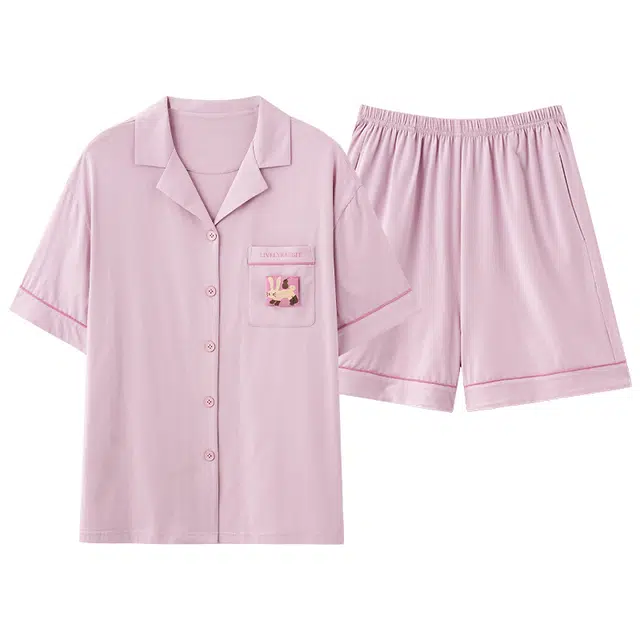 俏薇妮 简约柔软纯棉纯色翻领短袖高级感家居服休闲宽松舒适凉爽透气可外穿睡衣套装 女款 粉红色