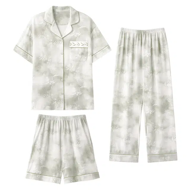 俏薇妮 柔软纯棉温馨水墨画翻领短袖家居服休闲宽松实用可外睡衣套装 女款 灰色