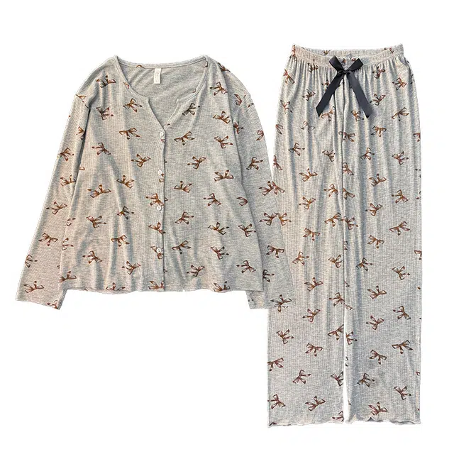 乐姿韵 蝴蝶结轻奢时尚卡通舒适柔软长袖长裤睡衣套装 女款 灰色