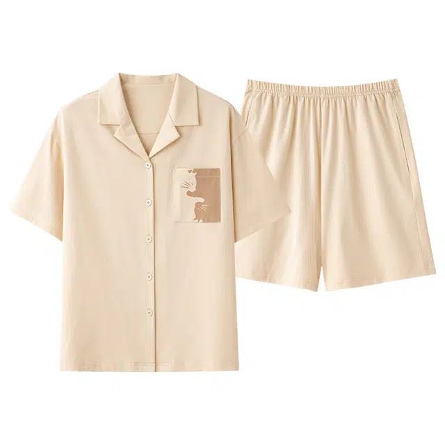俏薇妮 简约柔软纯棉翻领短袖高级感家居服休闲宽松舒适凉爽透气可外穿睡衣套装 女款 杏色