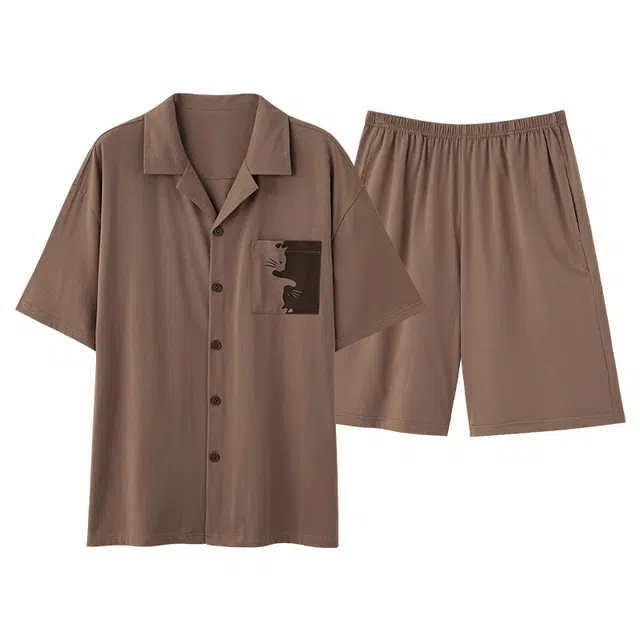 俏薇妮 简约柔软纯棉时尚温馨翻领短袖高级感家居服休闲宽松舒适凉爽透气可外穿睡衣套装 男款 深棕色