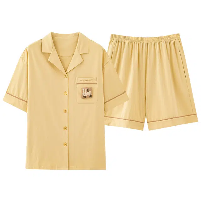 俏薇妮 简约柔软纯棉时尚温馨翻领短袖高级感家居服休闲宽松舒适凉爽透气可外穿睡衣套装 女款 黄色