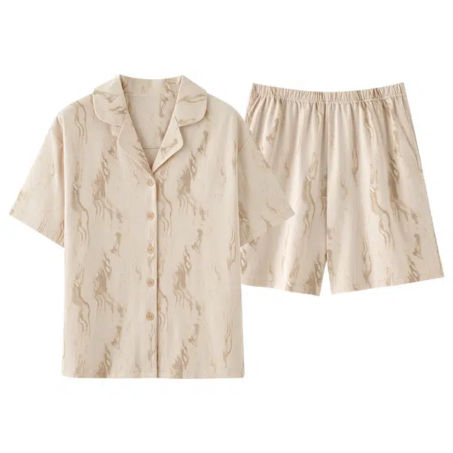 俏薇妮 简约柔软纯棉时尚优雅翻领短袖高级感家居服休闲宽松舒适凉爽透气可外穿睡衣套装 女款 黄色