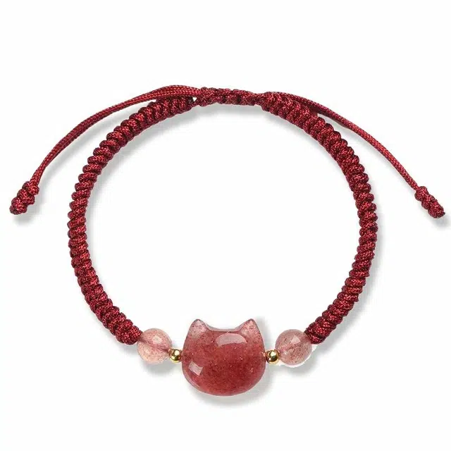 谧月珠宝 新中式国潮猫咪平安福气精致优雅可爱大气暗黑甜酷风全手工编织绳礼物百搭好运 草莓晶 手绳 男女同款情侣款