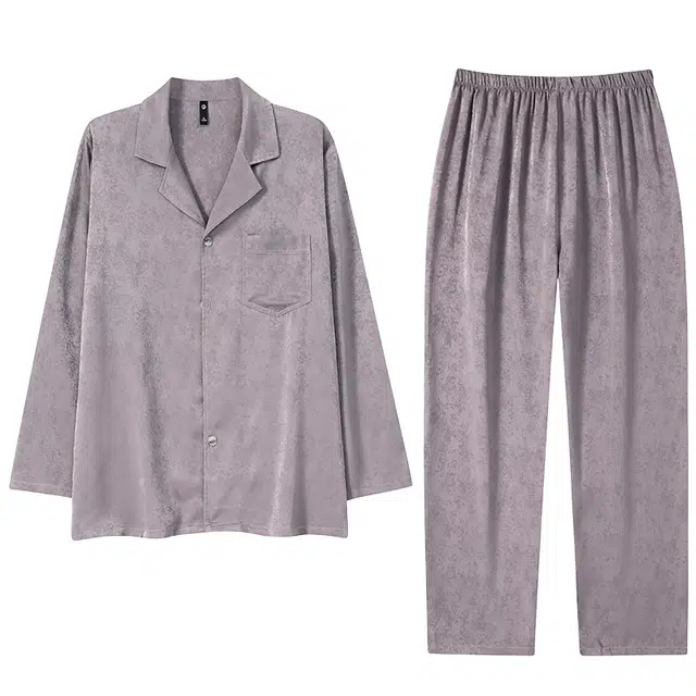 莫代尔 休闲个性翻领开衫简约时尚耐磨柔软细腻无束缚长袖长裤睡衣套装 男款 灰色