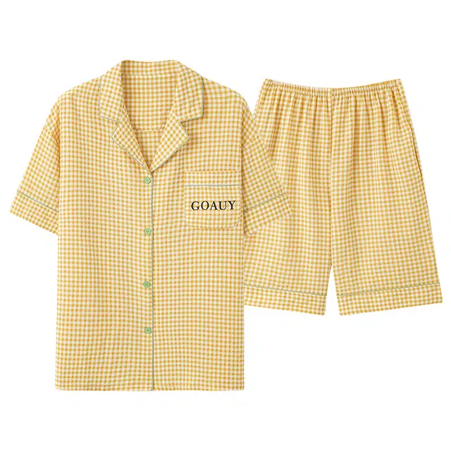 夏芬妍 柔软舒适时尚格子云朵棉翻领家居服亲肤休闲短袖短裤可外穿睡衣套装 男款 黄色