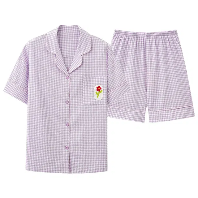 夏芬妍 甜美柔软舒适格子花朵云朵棉翻领家居服亲肤休闲短袖短裤可外穿睡衣套装 女款 紫色