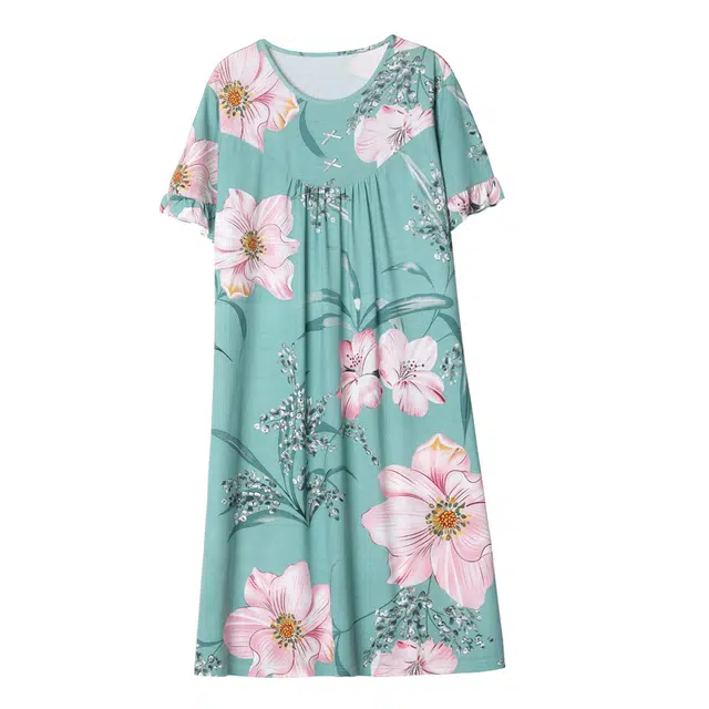 莫代尔 韩版时尚舒适小清新简约亲肤可外穿印花短袖睡裙 女款 绿宝石