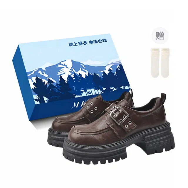 小鹿米利 英伦带扣粗跟厚底增高舒适复古小个子 乐福鞋 女款