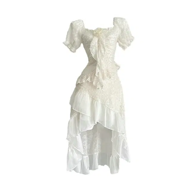 玉儿恋 时尚气质拼接设计不规则纯色方领中长款短袖连衣裙 女款 杏色