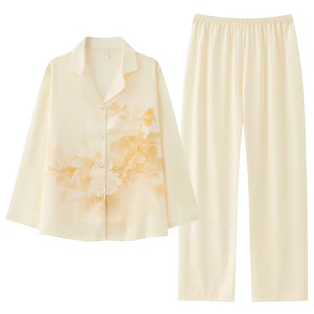 莫代尔 舒适翻领百搭亲肤细腻不易起球长袖上衣居家服可外穿长裤睡衣套装 女款 黄色