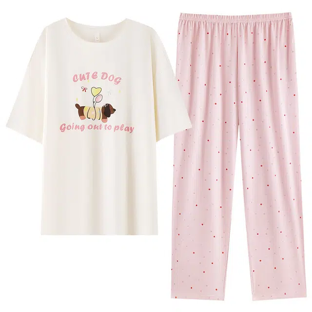 怡吾色 清新印花抗菌防螨萌趣短袖长裤睡衣套装 女款