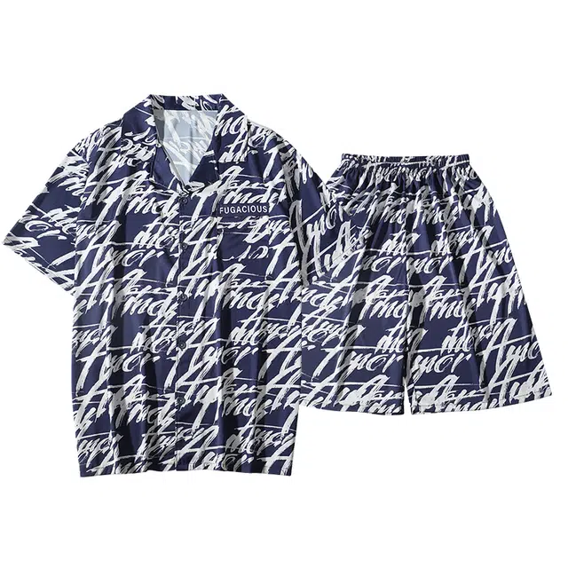 莫代尔 时尚柔软翻领开衫休闲亲肤透气细腻短袖五分裤夏季睡衣套装 男款 深蓝色