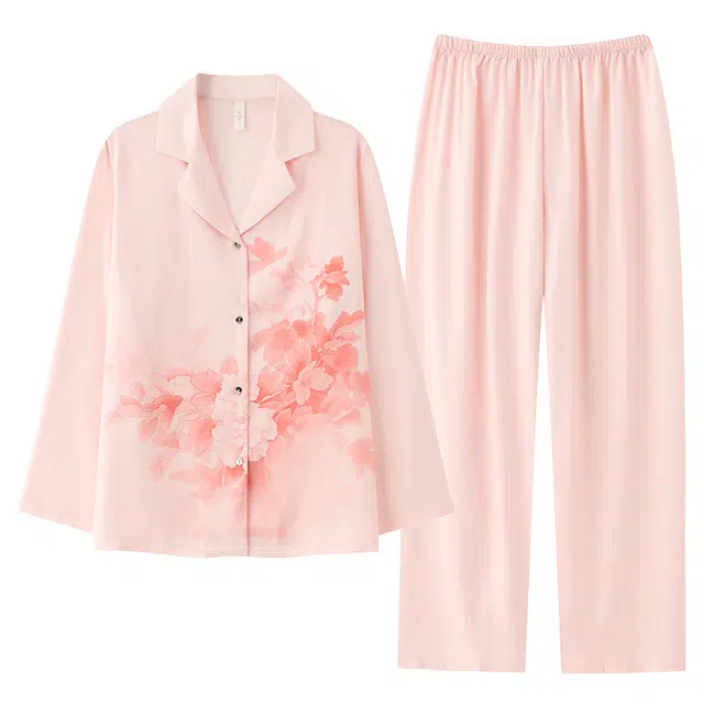 莫代尔 舒适柔软亲肤透气翻领不易起球长袖上衣居家服可外穿长裤睡衣套装 女款 粉色