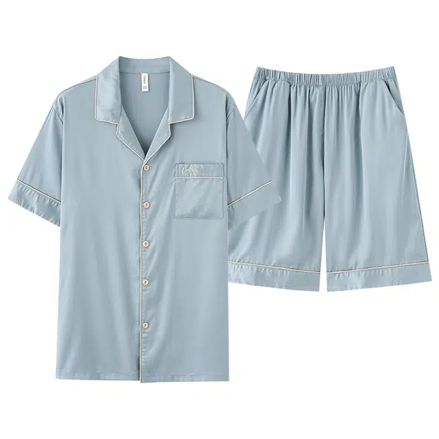 莫代尔 简约休闲轻盈透气翻领开衫韩版可外穿短袖五分裤夏季睡衣套装 男款 浅蓝色