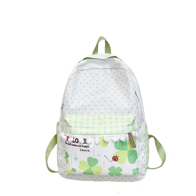度森袋鼠 日系甜美可爱四叶草波点小绒球波点清新书包 尼龙布 双肩包 常规 男女同款情侣款 绿色