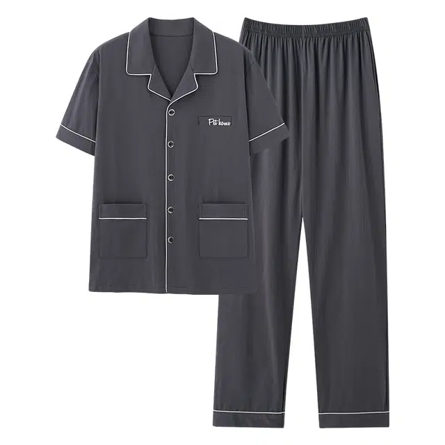 莫代尔 韩版经典时尚透气亲肤微弹舒适柔软简约休闲开衫短袖长裤家居服睡衣套装 男款 灰色