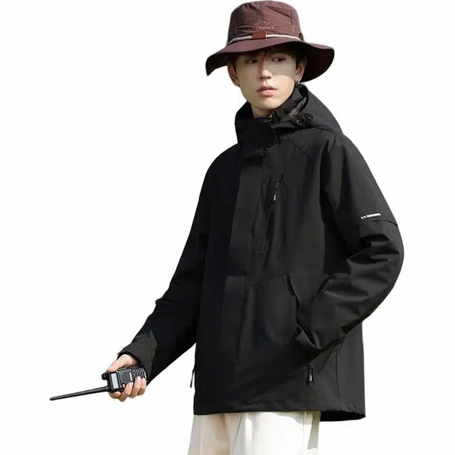 雅鹿  工装三合一纯色宽松  防水防风防紫外线透气耐磨冲锋衣 男女同款 黑色