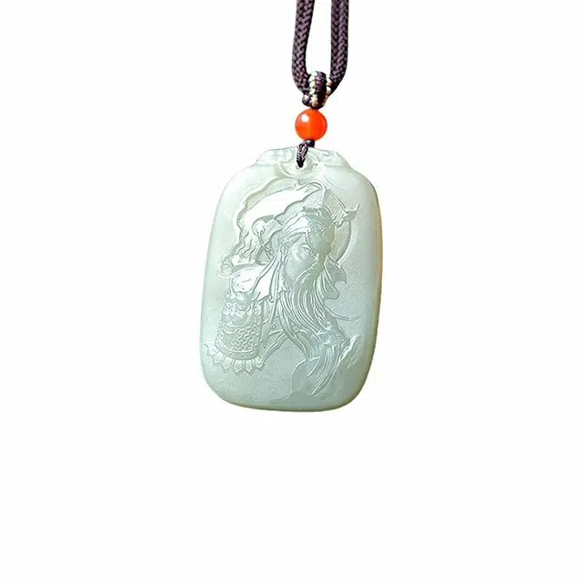 舒杰 中式国风招财纳福关公牌 和田玉项链 青白玉 男女同款情侣款